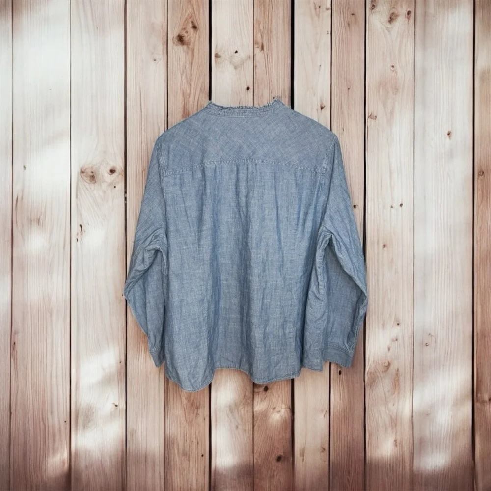 J. Crew Chambray Button Front Top With Ruffled Collar